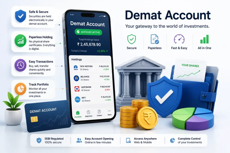 Demat Account guide showing secure paperless investing, portfolio management and online share holding