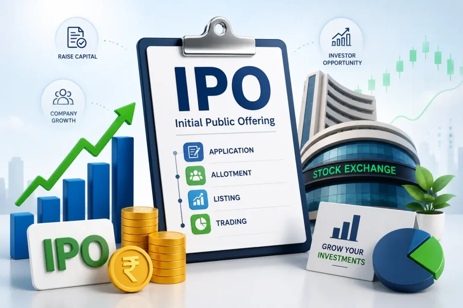 IPO Basics guide showing IPO application, allotment, listing and stock market process