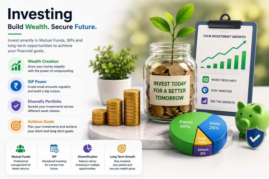 Long-term investing guide showing mutual funds, SIP, wealth creation and portfolio diversification